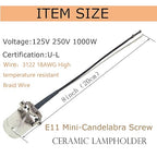 E11 Mini Candelabra Ceramic Screw Lamp Holder Base Socket,2-Pack Can Halogen Socket,E11 Lampholder with 8inch Leads 1000W,250V (with 1/8 Hickey)