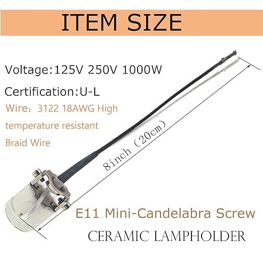 E11 Mini Candelabra Ceramic Screw Lamp Holder Base Socket,2-Pack Can Halogen Socket,E11 Lampholder with 8inch Leads 1000W,250V (with 1/8 Hickey)