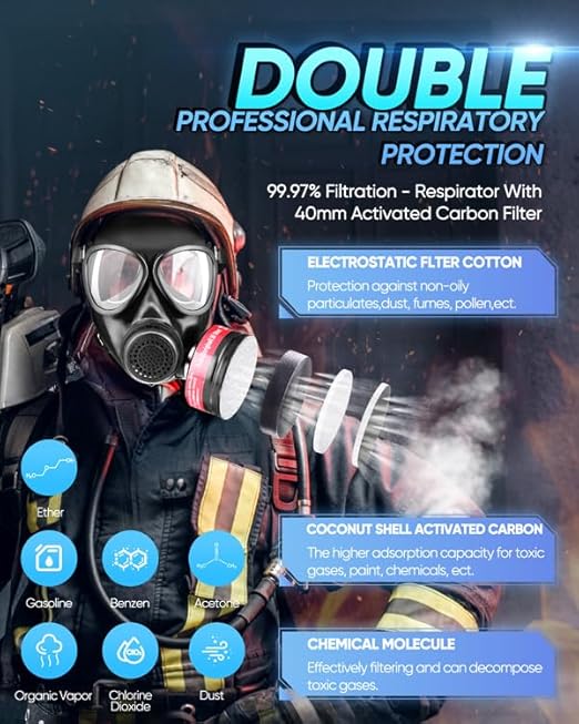 Gas Masks Survival Nuclear and Chemical Military Grade with 40mm Activated Carbon Filter, Full Face Gas Respirator Mask for Organic Vapor, Chemicals, Dust, Paint Spray, Polish, Weld, Fume, Gases