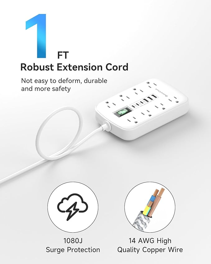 Short Extension Cord 1 ft, Small Power Strip Flat Outlet Extender Surge Protector with 8 AC Outlets 6 USB (5V/4.8A 24W), Mini Extension Cord Flat Wall Plug for Home Office Dorm Kitchen Bathroom