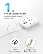 Short Extension Cord 1 ft, Small Power Strip Flat Outlet Extender Surge Protector with 8 AC Outlets 6 USB (5V/4.8A 24W), Mini Extension Cord Flat Wall Plug for Home Office Dorm Kitchen Bathroom