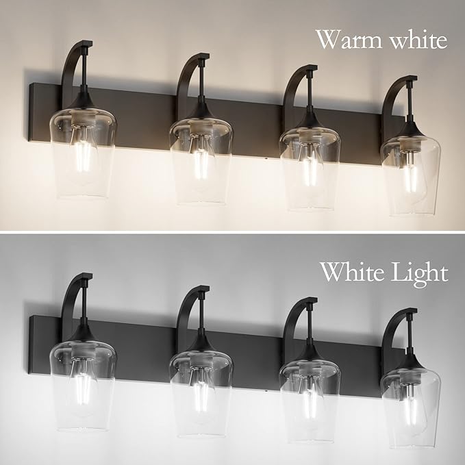 Ralbay Matte Black Bathroom Vanity Light 4-Lights Industrial Black Vanity Lights Clear Glass Vintage Edison Matte Black Wall Mount Light Fixtures for Bathroom