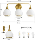 Brushed Gold Bathroom Light Fixtures 3-Lights Vanity Lights with Milky White Frosted Glass Shade Bathroom Vanity Light 22.4 inch Wall Sconce Lighting Bath(Exclude E26 Bulb)