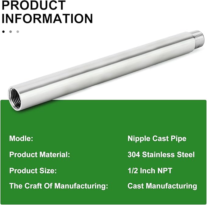 TAISHER 2PCS Stainless Steel Pipe Fittings, 1/2" NPT Male x 1/2" NPT Female Threaded, 10" Length Nipple Cast Pipe