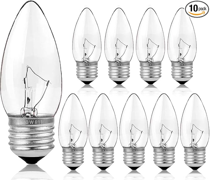 40W Incandescent Torpedo Tip Chandelier, Incandescent Clear Dimmable Light Bulbs and Medium E26 Candelabra Base,Transparent Candle Light Bulbs for Chandeliers, Ceiling Fan Lights (10Pack)