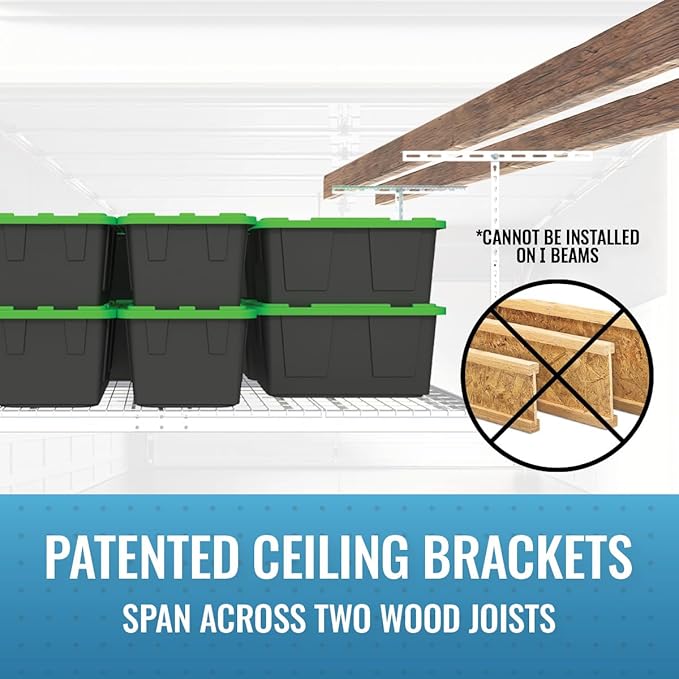 MonsterRax Overhead Garage Storage Rack - 4 x 8 Ceiling Shelving, Adjustable Hanging Racks, Color: White, 24"-45" Ceiling Drop.