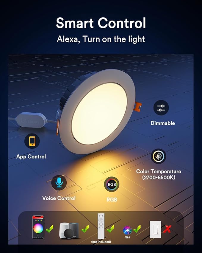 Lumary Smart Gimbal Recessed Lighting 4 Inch, 355°+20° Adjustable RGBWW WiFi Ceiling Light, Work with Alexa Google, Canless LED Downlight with J-Box, 9W 780LM CRI90, 1PC