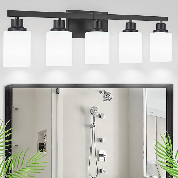 Bathroom Vanity Light, 5-Light Vanity Lighting Fixture Over Mirror for Bathroom, 30" Matte Black Wall Light Fixture, Wall Sconces with Frosted Glass Shade for Mirror Bedroom Living Room