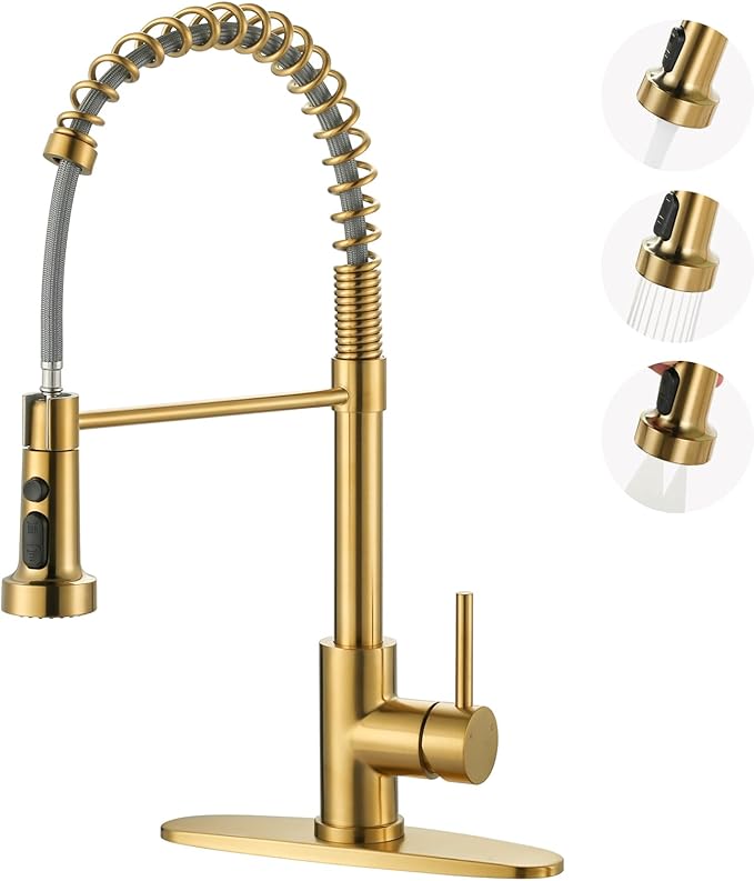 Kitchen Faucets with Pull Down Sprayer: Brushed Gold 3-Function Kitchen Sink Faucet for 1 or 3 Hole - Stainless Steel Single Handle Spring Kitchen Faucets with Deck Plate for Farmhouse RV Laundry