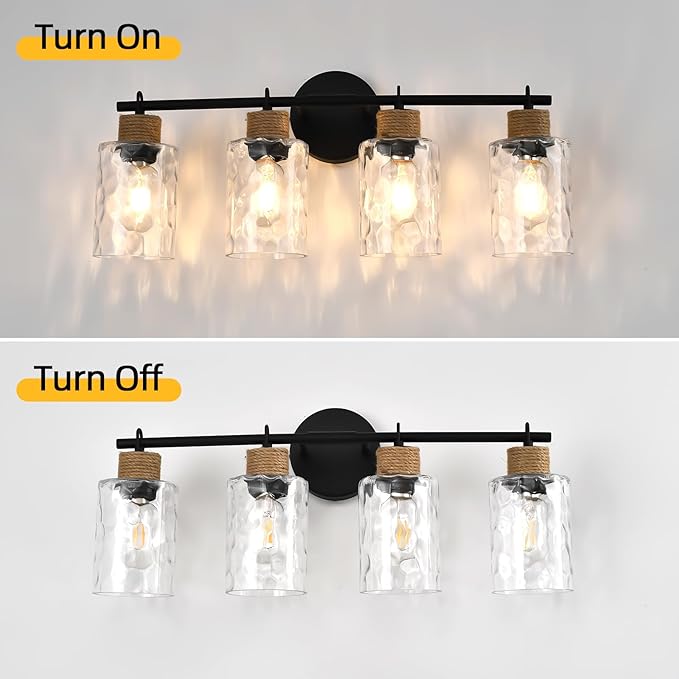 4-Light Bathroom Light Fixtures, Coastal Vanity Lights with Crystal Glass Shade, Black Bathroom Wall Lamp for Mirror Kitchen Hallway Bedroom