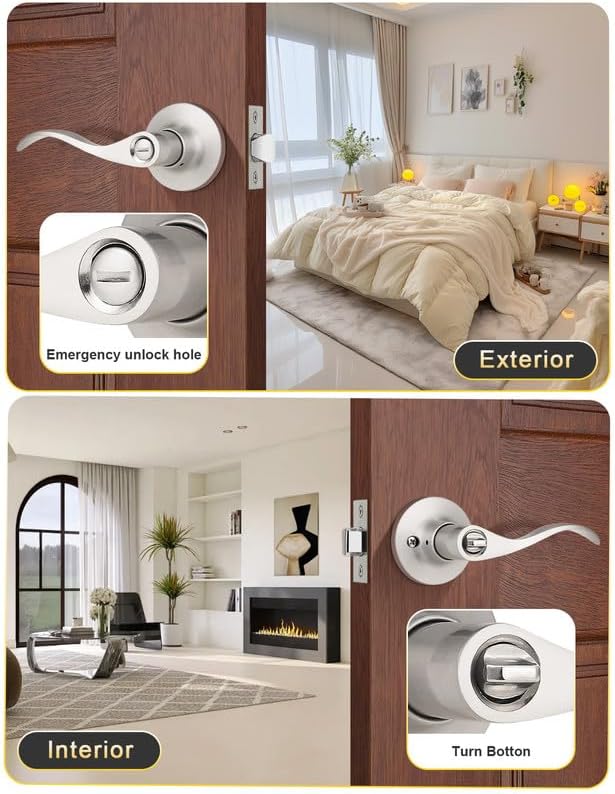 Mengico 4 Pack Satin Nickel Privacy Door Lever, Modern Interior Door Knobs Locks for Bedroom and Bathroom, Heavy Duty Door Handle, Reversible Wave Lever Handle