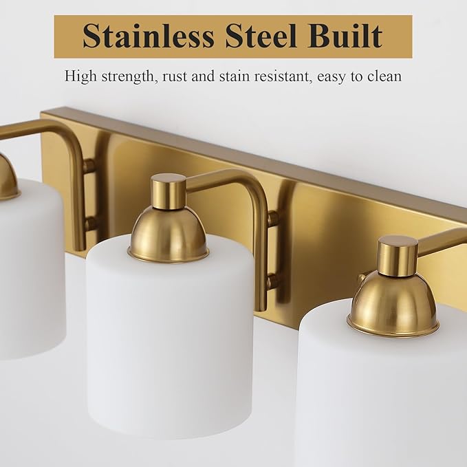Stainless Steel Milk Glass Vanity Lights for Bathroom, 3 Light Gold Bathroom Light Fixtures Over Mirror, Ceramic E26 Sockets Wall Mounted