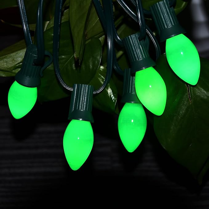 SUNSGNE C7 Ceramic Green Replacement Bulbs, 25 Pack St. Patrick's Day Light Bulb Night Light Candle Bulb, Outdoor String Light Bulbs for St. Patrick's Day Patio Christmas Decor, C7/E12 Base-5 Watt