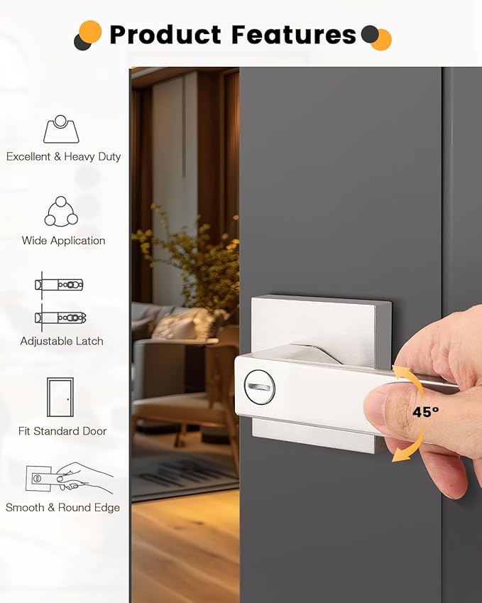 Gobrico 5 Pack Satin Nickel Square Door Levers with Privacy Lock,for Bedroom and Bathrom,Zinc Alloy Made Heavy Duty