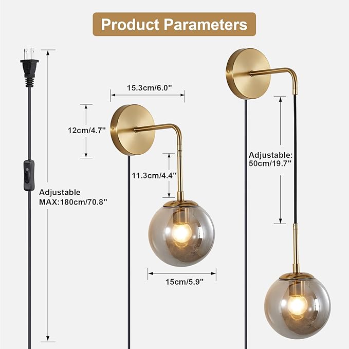 KCO Modern Globe Wall Sconce with Plug in Industrial Vintage Wall Lamp On/Off Switch Adjustable Minimalist 1-Light Mounted Reading Lamps for Bedroom Living Room Corridor(Smoke Gray & 2-Pack)