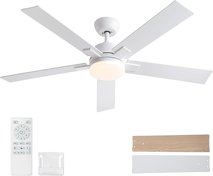 52 Inch Ceiling Fans with Lights and Remote, White Ceiling Fan with 5 Blades, 6 Speed Reversible DC Motor, 3CCT Dimmable LED, Modern Design for Bedroom, Living room & Covered Outdoor,Includes Downrod