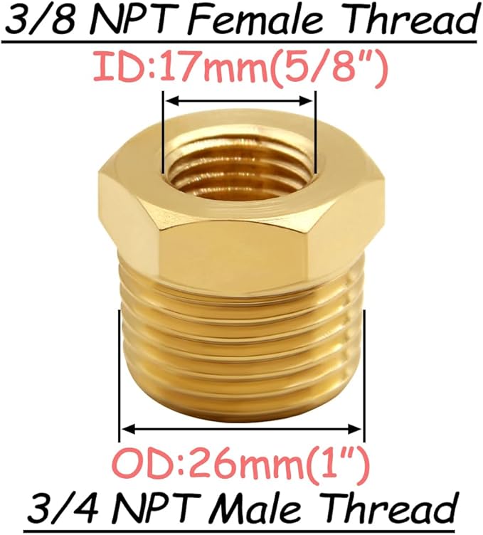 4PCS Brass Reducer Bushing, 3/4" NPT Male to 3/8" NPT Female Thread, Hex Reducing Convert Adapter Pipe Fitting Connector for Water/Oil/Gas
