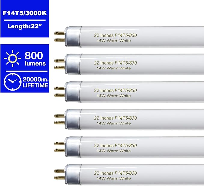 22 Inch T5 Fluorescent Light Bulb 14 Watt F14T5/WW Compatible with Sylvania Satco Philips GE Under Cabinet Lamp Light 3000K Warm White 800 Lumen G5 Base 6 Count