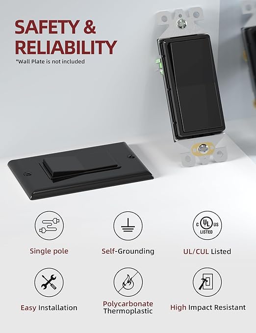 AIDA Single Pole Rocker Decora Light Switch, 15 Amp Self-grounding Electrical Light Switches, Residential Grade, UL Listed (10 Pack, Glossy Black)