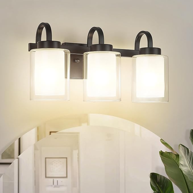 TENGXIN 3-Light Bathroom Vanity Light, Black Vanity Light Over Mirror, Farmhouse Wall Sconces with Dual Glass Shade, Modern Wall Lamp for Bedroom Hallway Living Room Cabinet