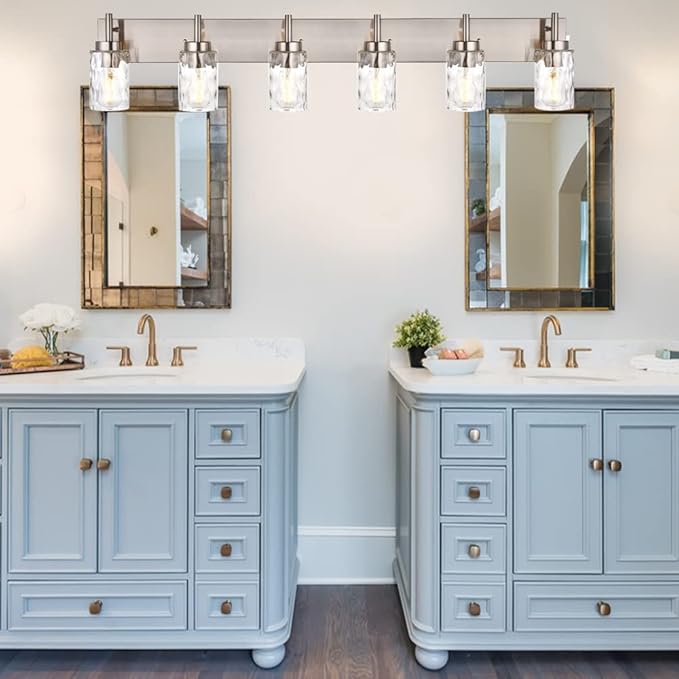 BONLICHT Mid-Century Bathroom Vanity Wall Light with Clear Water Glass, Farmhouse 6 Light Bath Lighting Over Mirror Modern Brushed Nickel Sconce Wall Lamp for Dining Room Dressing Table Vanity Table