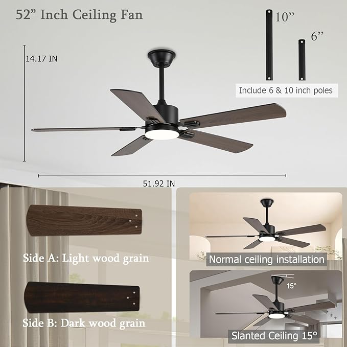 52 inch Modern Ceiling Fans with Lights APP/Remote Control, Low Profile Reversible 6 Speeds Dimmable Ceiling Fan Light for Indoor/Outdoor Bedroom Living Room（Brown）