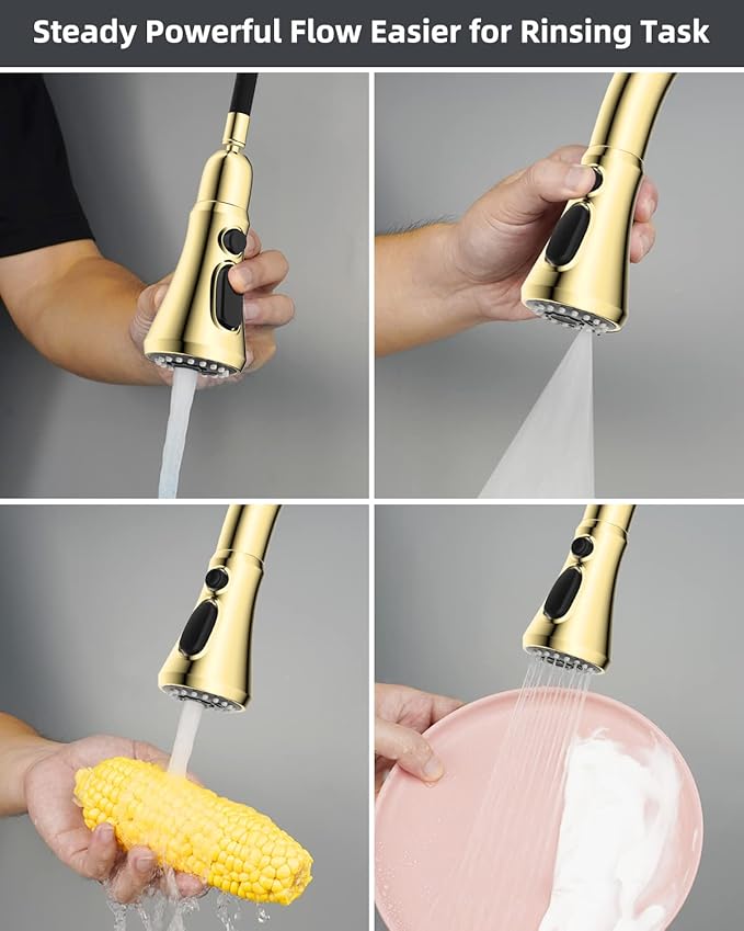 Hibbent Pull Down Spray Head for Kitchen Faucet, NSF/ANSI/CAN 61 & CUPC Certified 3-Function Spray Nozzle, 14 Adapters, Sink Faucet Head Replacement Compatible with Moen, Delta, Kohler, Polished Brass