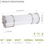 ASD LED 18" Vanity Flush Mount Light Fixture, Linear Bathroom Lighting Bar | 3CCT, Dimmable, ETL Listed | 20W 2300LM 3000-5000K 100-277V | Long Tube Bath Wall Sconce Over Mirror | Nickel