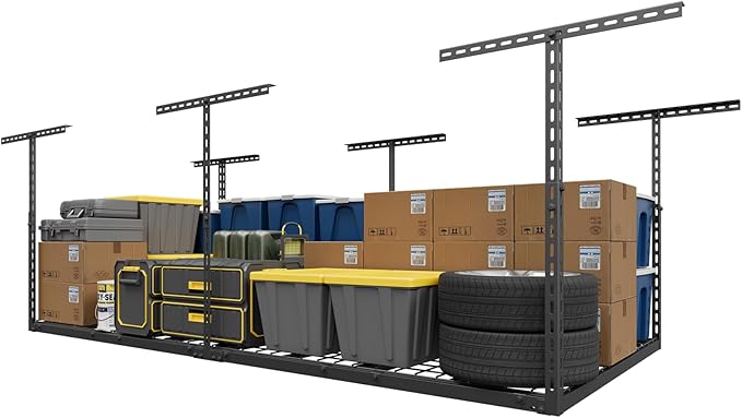 4X8FT Overhead Garage Storage Rack, 22"-48" Height Adjustable Garage Ceiling Storage Racks, Heavy Duty Metal Overhead Storage Organizer System, 750LBS Weight Capacity