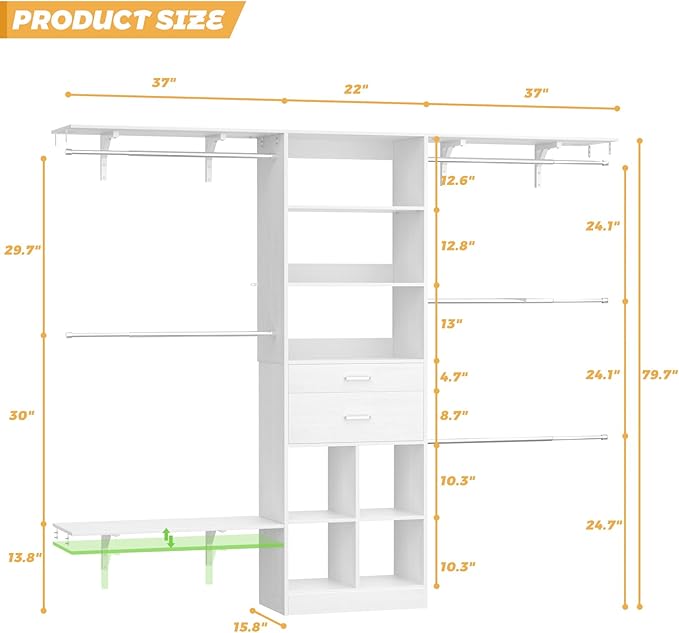 Closet System - 8FT Closet Organizer System with Wooden Drawers, 96" Closet Systems for Walk-In Closets with Cuttable Hanging Shelving, White