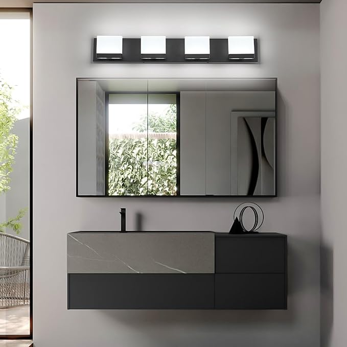 SineRise LED Modern Bathroom Vanity Light Fixtures (4-Light, 30-Inch,6000K), Matte Black Modern Acrylic Bathroom Wall Lighting Fixtures Over Mirror