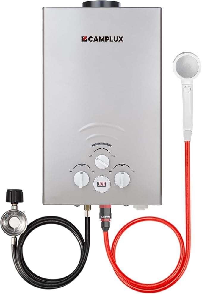 CAMPLUX Portable Tankless Water Heater, 2.11GPM, 55,000 BTU Propane, BW211G, Grey