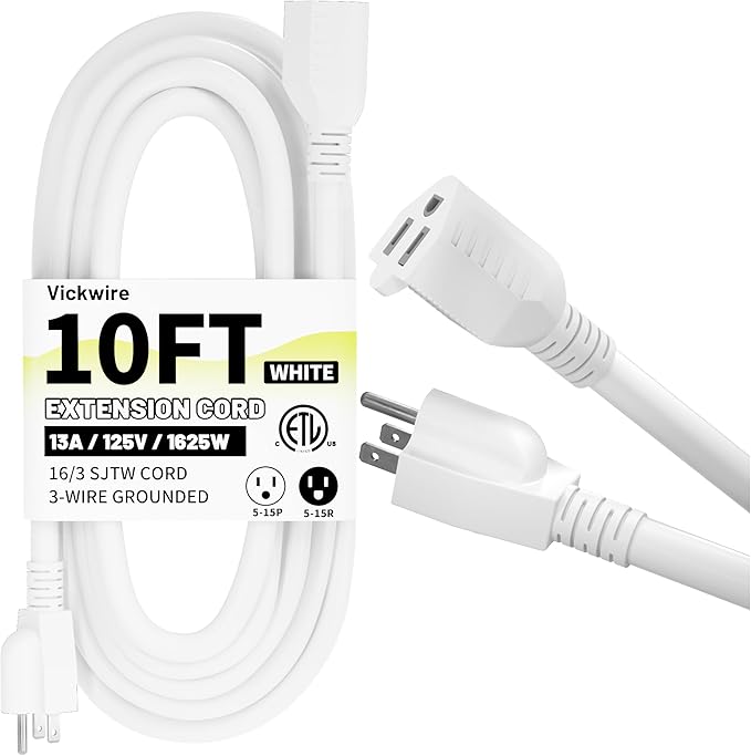 16/3 White Indoor Outdoor Extension Cord 10 Ft Waterproof, Heavy Duty Extension Cord with 3 Prong Grounded Plug,13A 1625W 16AWG SJTW, Flexible Weatherproof Power Cable