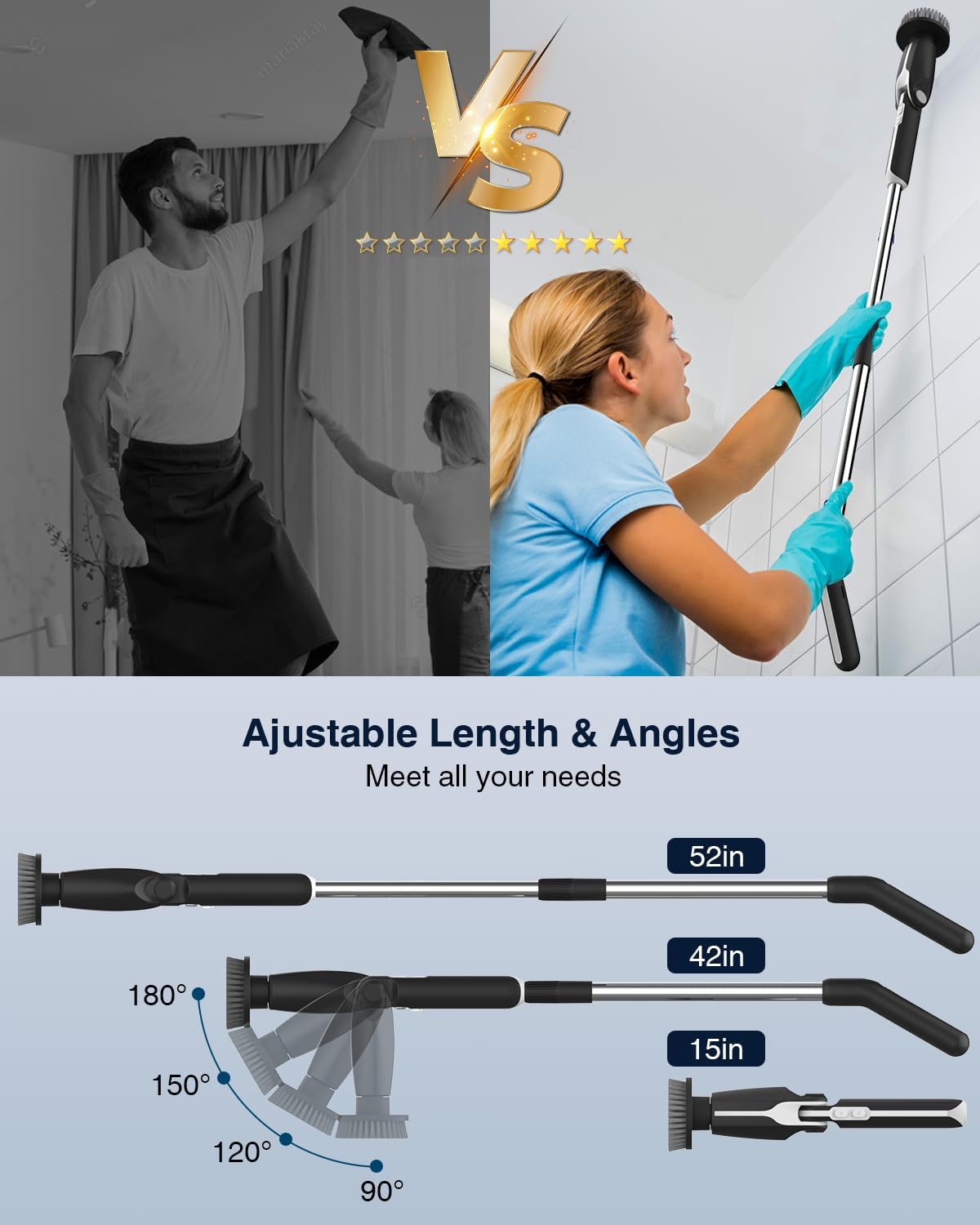 Leebein Electric Spin Scrubber, Shower Scrubber with 4 Adjustable Angles and 8 Brush Heads, Electric Scrubber with Long Handle & Remote Controller, Cleaning Brush for Bathroom, Tub, Floor (Black)