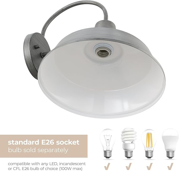 Builder Essentials Heritage Collection Gooseneck RLM Style Outdoor Farmhouse Barn Light with 12in Shade in Anti-Rust Brushed Nickel Finish, Overall Extension 14in E26 Base Lamp