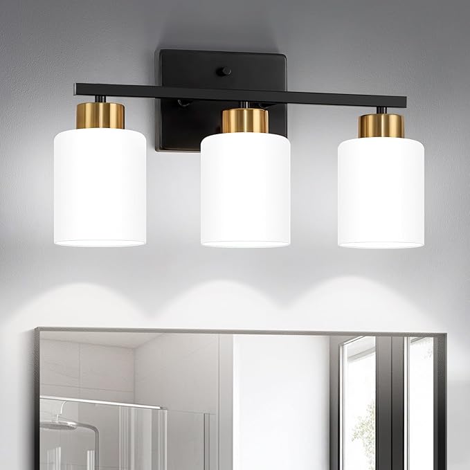 Black and Gold Bathroom Light Fixtures, 3-Light Modern Vanity Light Over Mirror, Wall Sconces with Milky White Frosted Glass Shades, E26 Socket (Bulbs Not Included)