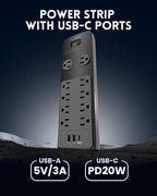 Surge Protector Power Strip 25FT, PLUGTUL Surge Protector with 10 Outlets - Spacious Design for Large Plugs, Flat Plug, 20W USB C Charging for Home, Office, ETL Listed, 2040J