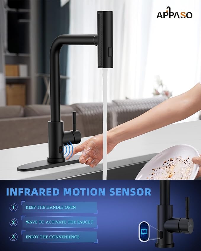 APPASO Touchless Kitchen Faucet with Pull Down Sprayer Matte Black, Waterfall Touchless Motion Sensor Hands-Free, Single Handle for 1 or 3 Holes Sink, Stainless Faucet Black with Easy Installation