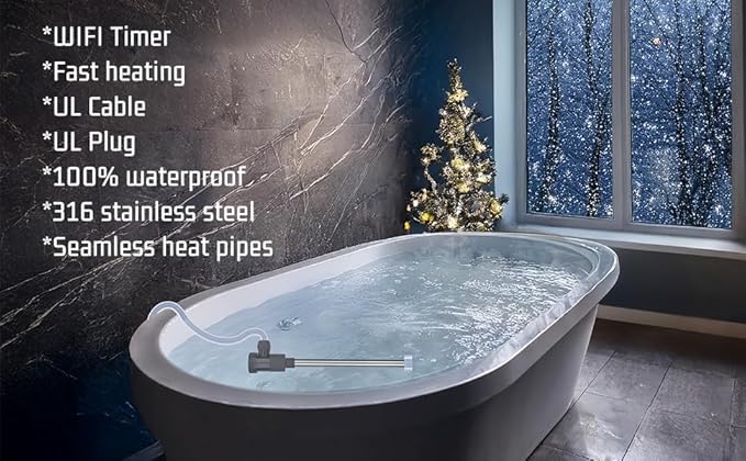 2000W Immersion Water Heater for Pool & Hot Tub – Portable Electric Submersible Heater with Temp Control, Auto Shut-Off, and WiFi Timer for Above Ground Pool, Bathtub, and baptismal pool