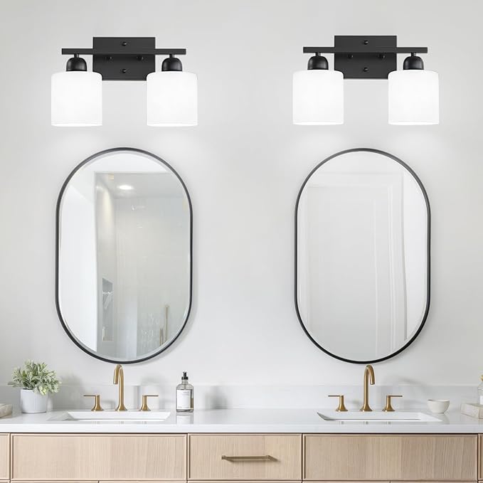 2 Light Black Bathroom Light Fixture, Modern Bathroom Lights with Milky White Frosted Glass Shades for Mirror Living Room Bedroom Hallway E26 Base