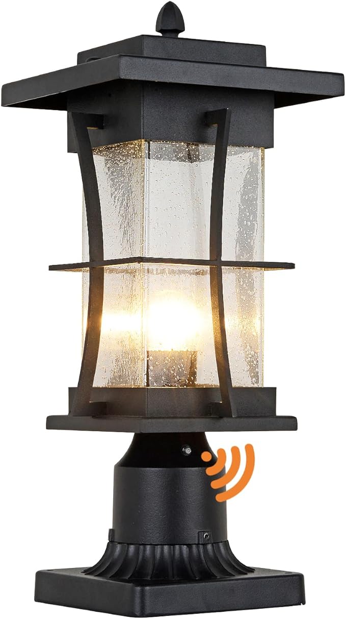 Dusk to Dawn Outdoor Post Light Fixture Waterproof Pole Mount Light with Pier Mount Adapter, Black Finish with Seeded Glass Outdoor Post Lantern for Patio, Garden, Porch and Backyard