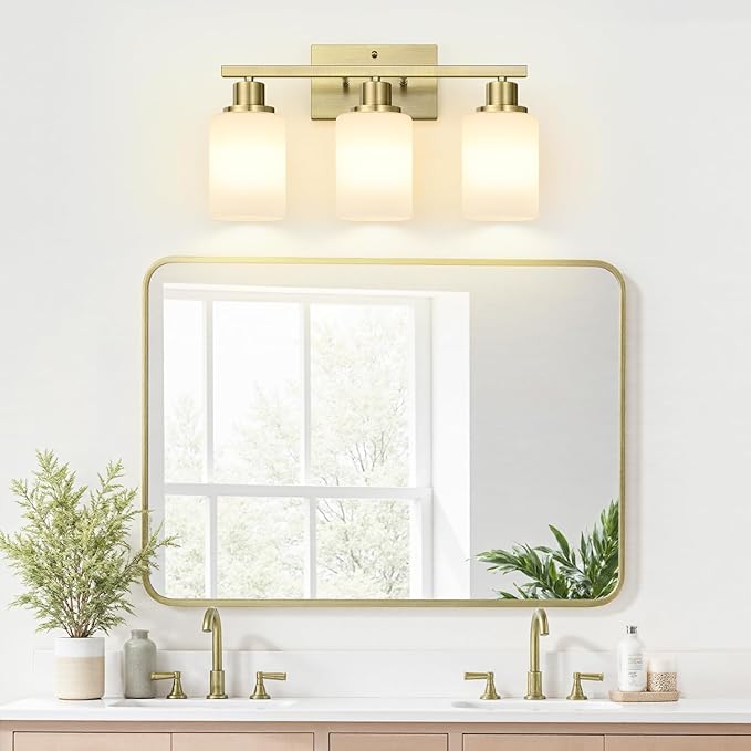 3-Light Bathroom Light Fixtures, Brass Vanity Light with Milky White Shades, Bathroom Lighting Fixtures Over Mirror, Modern Bathroom Wall Lamp for Mirror Living Room Cabinet Bedroom