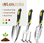 LASZOLA 3 Piece Garden Tool Set Include Hand Trowel Rake and Transplant Shovel for Women, Indoor Heavy Duty Small Spade Kit with Ergonomic Handle to Weed and Loosen, for Mom and Plant Beginner, Yellow