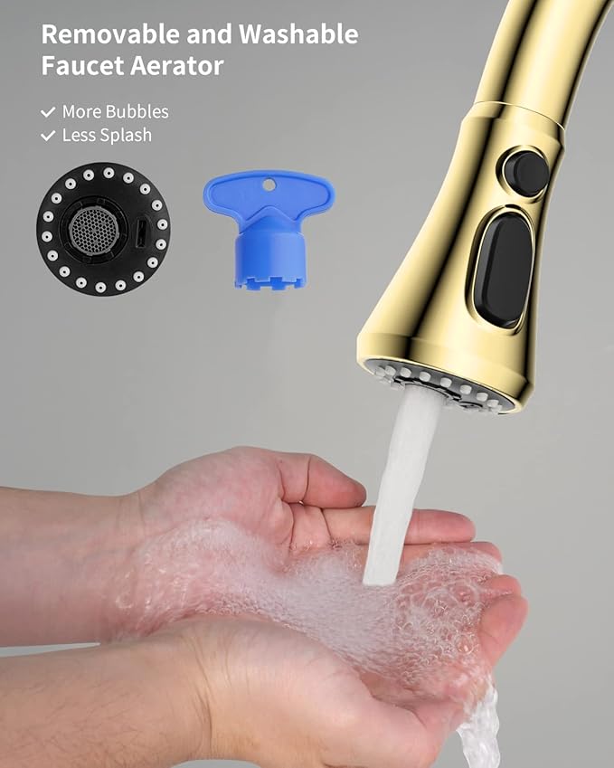 Hibbent Pull Down Spray Head for Kitchen Faucet, NSF/ANSI/CAN 61 & CUPC Certified 3-Function Spray Nozzle, 14 Adapters, Sink Faucet Head Replacement Compatible with Moen, Delta, Kohler, Polished Brass