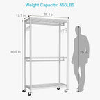 FUTASSI P1 Heavy Duty Garment Rack, 3 Tiers Adjustable Rolling Metal Closet Organizer with Lockable Wheels, FreeStanding Wardrobe with Double Hanger Rods & 1 Pair Hooks, Max Load 450 LBS, White