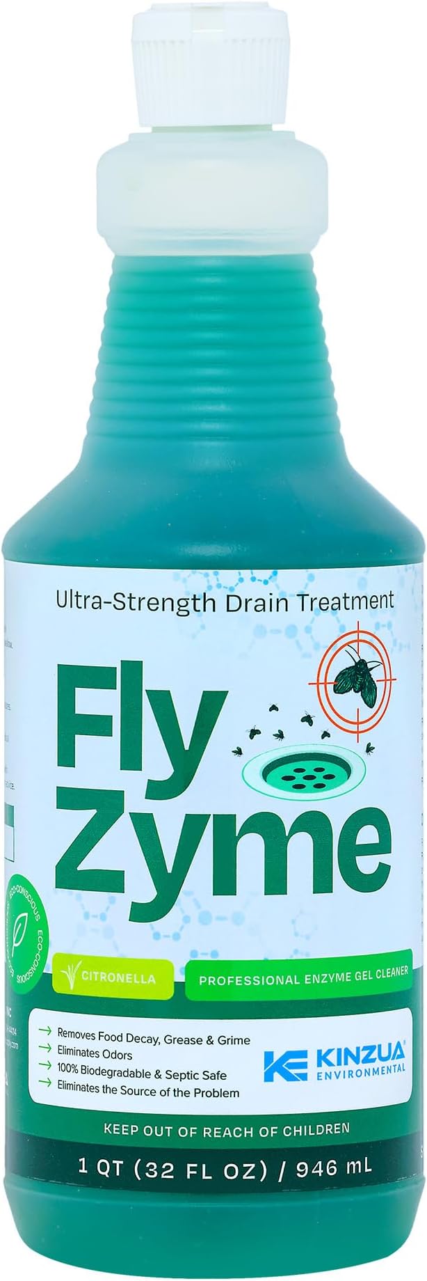 Kinzua Environmental Fly-Zyme, Highly Concentrated Enzyme Drain Cleaner for Pipes & Fruit Flies, Citronella Scented Organic Waste Degrader & Odor Neutralizer, 32 fl oz