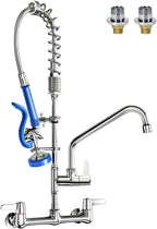 Commercial Faucet with Sprayer 25" Height 8" Adjustable Center 10" Swing Spout,Brass Constructed Wall Mount Kitchen Sink Faucet with Pull Down Pre-Rinse Sprayer for 1/2/3 Compartment Sink