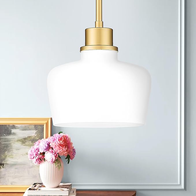 Emak 8 Inch Gold Pendant Lights Kitchen Island, 2 Pack Pendant Light Fixtures with Milk Glass Shade, Modern Hanging Lights for Kitchen Island, Bathroom, Dining Room, PL122-GD-ML-2PK