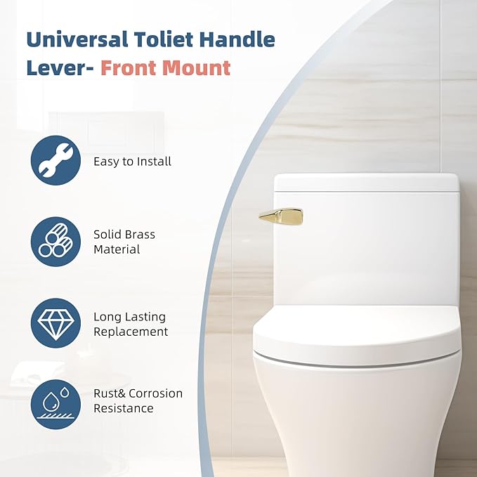 Polished Gold Universal Toilet Handle Replacement, Front Mount Toilet Flush Compatible with American Standard/Mansfield/TOTO/Kohler Toilets, Brass Toilet Trip Lever, Stainless Steel Flapper Chain