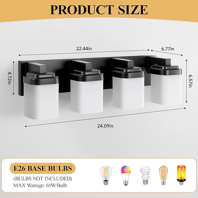 4-Light Black Bathroom Light Fixtures, Vanity Lights for Bathroom Mirror Lamp with Milky White Square Glass Shade, E26 Base Modern Wall Sconce Light Kitchen Light Fixtures Led Vanity